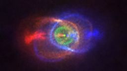This new ALMA image shows the outcome of a stellar fight: a complex and stunning gas environment surrounding the binary HD101584. The colours represent speed, going from blue -- gas moving the fastest towards us -- to red -- gas moving the fastest away from us. Jets, almost along the line of sight, propel the material in blue and red. The stars in the binary are located at the single bright dot at the centre of the ring-like structure shown in green, which is moving with the same velocity as the system as a whole along the line of sight. Astronomers believe this ring has its origin in the material ejected as the lower mass star in the binary spiralled towards its red-giant partner.