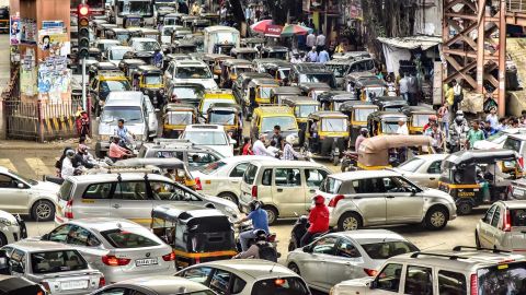 A  traffic jam in Mumbai, where police are fighting back against noisy car horns.