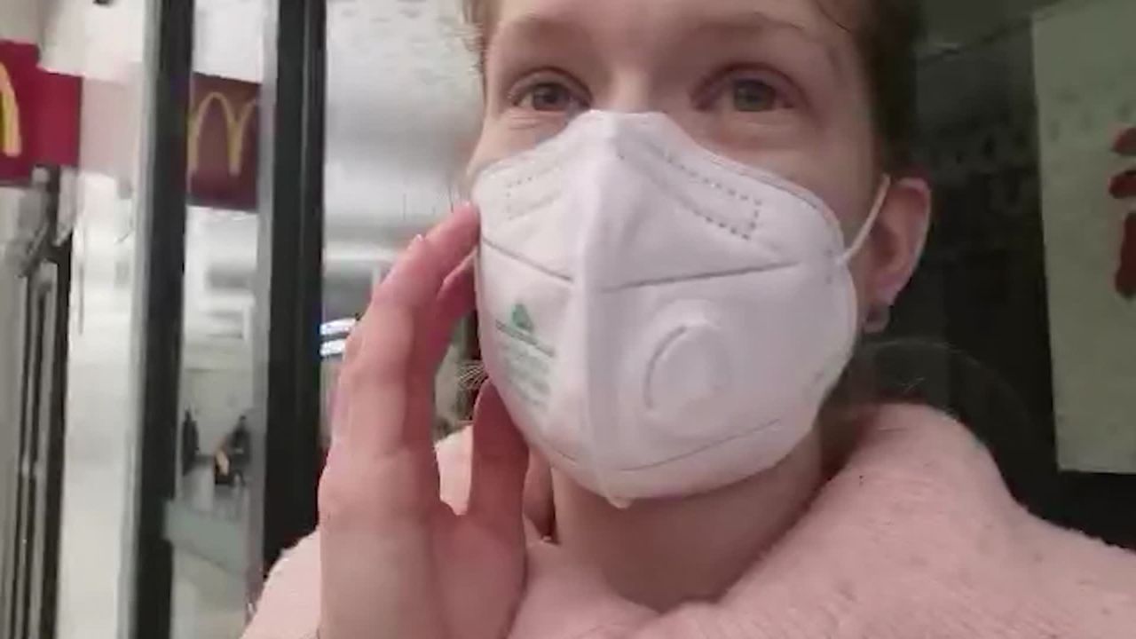 Priscilla Dickey records herself at the Wuhan airport while she waits for a US-arranged charter flight out of China.