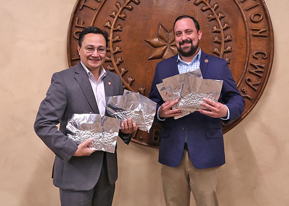 Cherokee Nation Principal Chief Chuck Hoskin Jr. and Secretary of Natural Resources Chad Harsha with heirloom seeds being sent to the Svalbard Global Seed Vault.