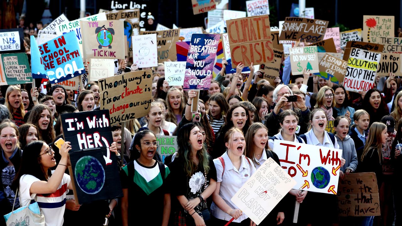 Schoolchildren march during a climate change protest in Auckland, New Zealand. Figueres believes protests like this one will bring about change.