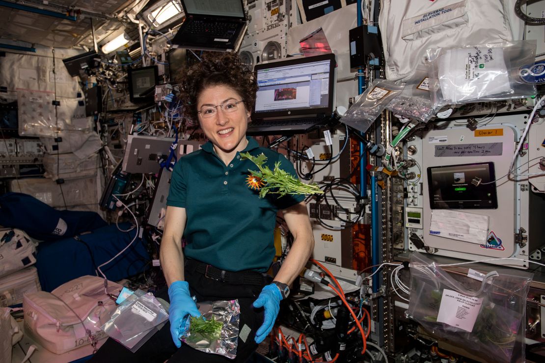 Koch is pictured with mustard greens being grown and eaten on the space station.