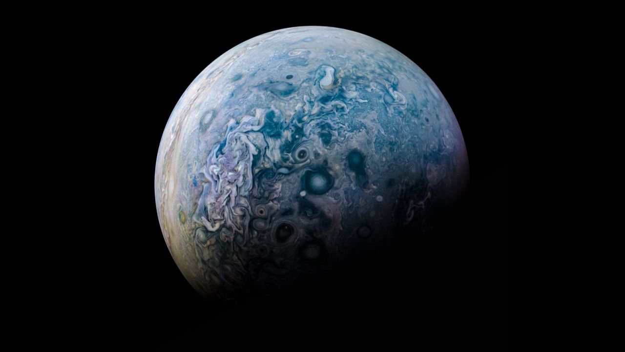 A composite image of Jupiter's north pole taken by JunoCam in 2016 and processed by citizen scientist Kevin Gill. CNN asked Gill to share some of his favorite images he's worked on from multiple space missions. <em>Scroll through the gallery to discover more.</em>