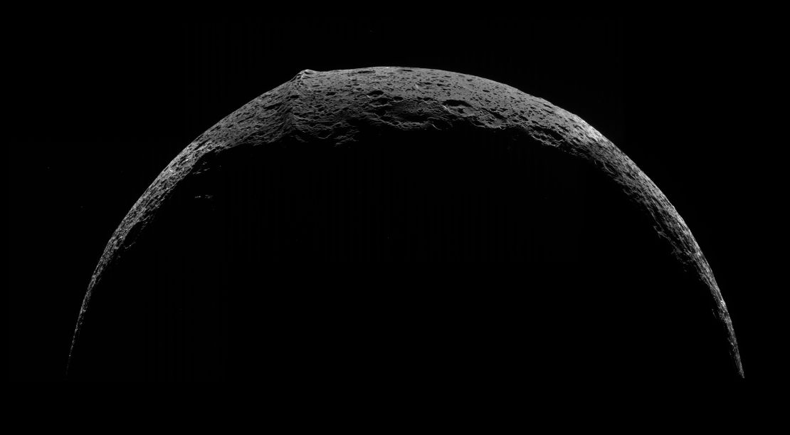 Top left, view of the equatorial mountain ridge on Saturn's moon Iapetus, taken by Cassini in 2007.