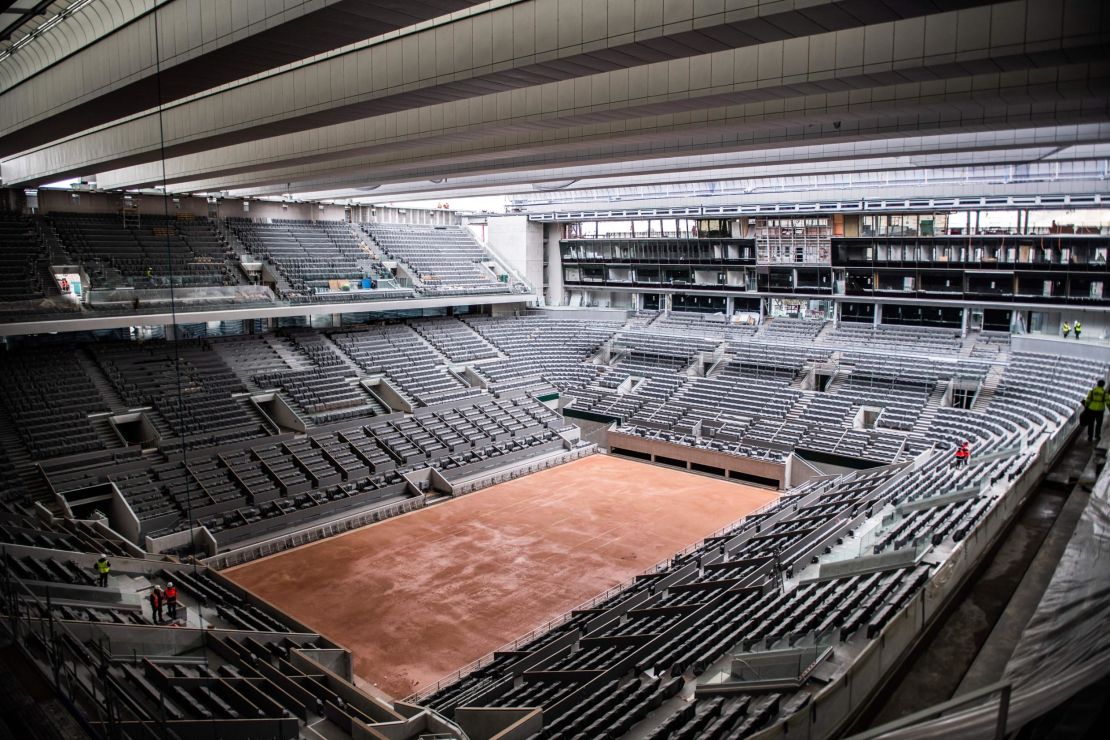 The construction work of the newly built roof of the Philippe Chatrier central tennis court.
