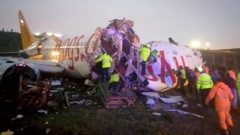 The plane broke apart after skidding off the runway.