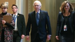 Sen. Mitch McConnell (R-KY), C, walks to the Senate chamber at the U.S. Capitol as the Senate impeachment trial of U.S. President Donald Trump continues on February 5, 2020 in Washington, DC.