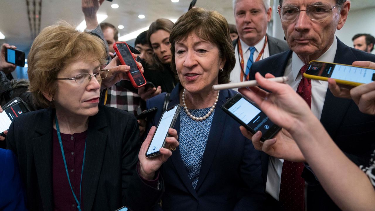 Senators Susan Collins (R-ME) and John Barrasso (R-WY) walk from the Senate subway to the Senate chamber to cast a vote in the Senate impeachment trial of President Donald Trump U.S. Capitol on February 5, 2020 in Washington.