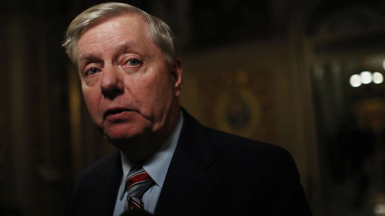 Sen. Lindsey Graham (R-SC) speaks to the media following a break during the Senate impeachment trial on January 29, 2020. 