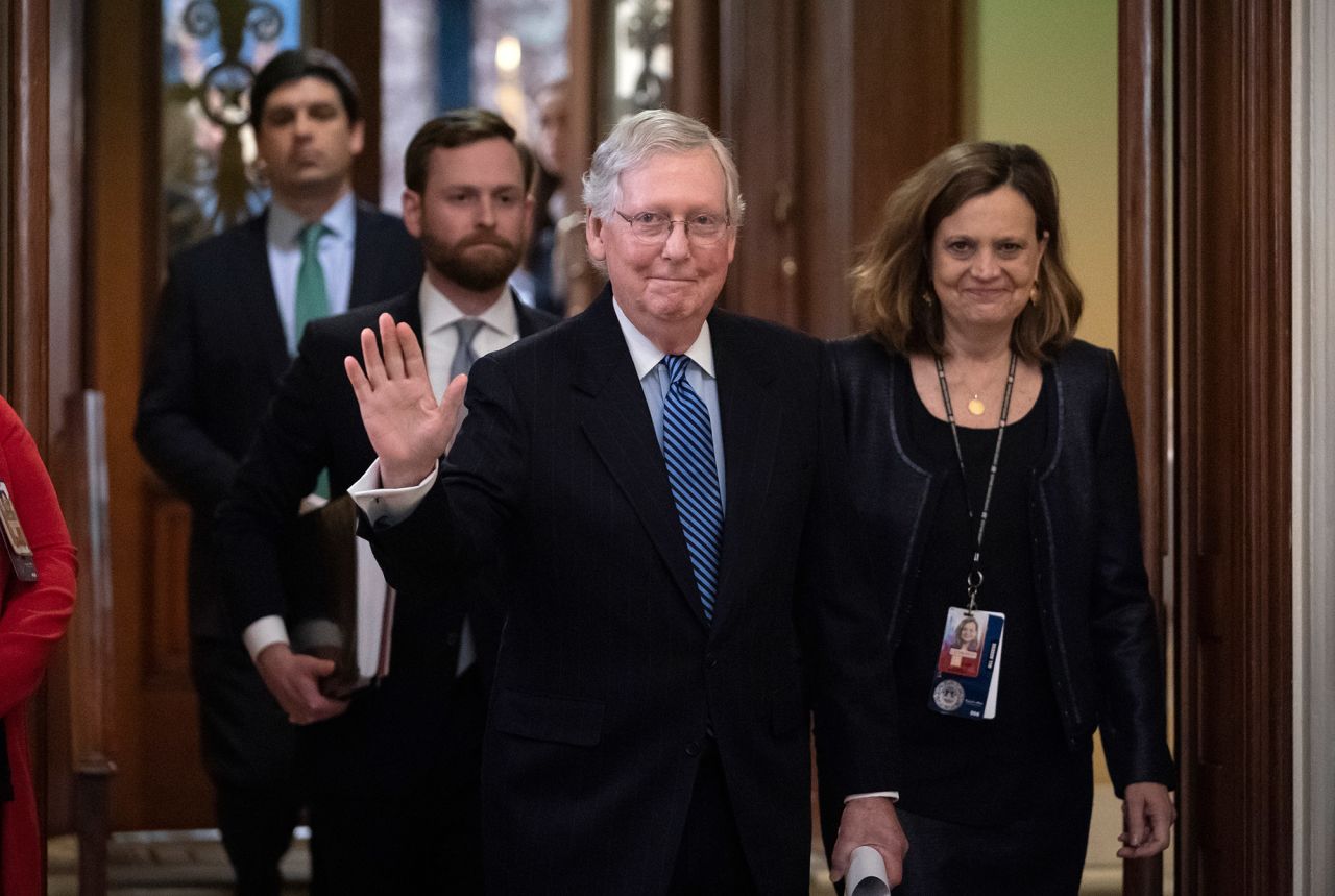 Senate Majority Leader Mitch McConnell leaves the Senate chamber after the vote on February 5.