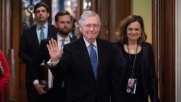 Senate Majority Leader Mitch McConnell, R-Ky., leaves the chamber after leading the impeachment acquittal of President Donald Trump at the Capitol in Washington, Wednesday, Feb. 5, 2020. (AP Photo/J. Scott Applewhite)