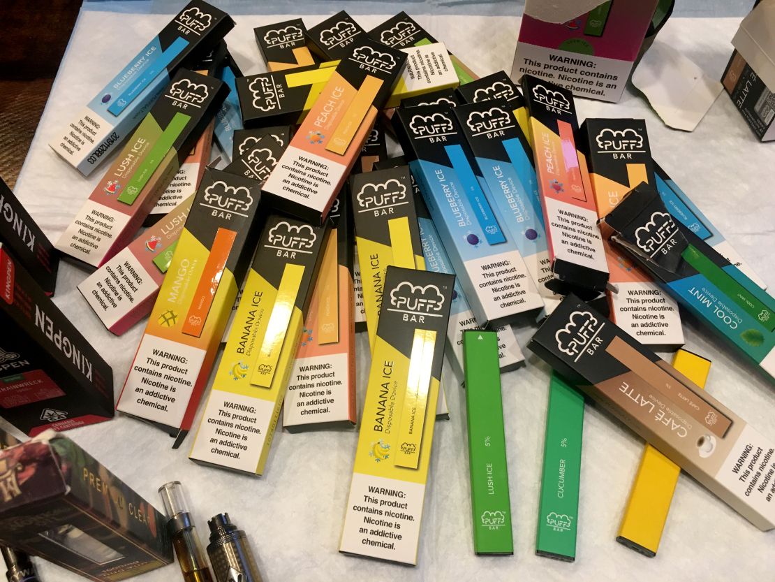 A collection of e-cigarettes confiscated at one Northern California school include a number of disposable vapes in a variety of flavors.