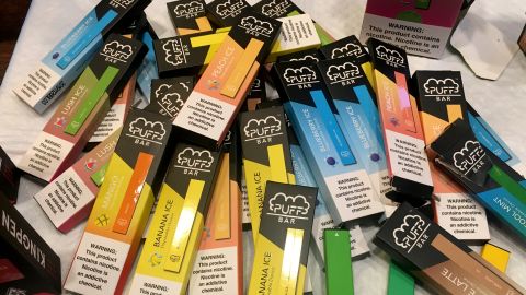 A collection of e-cigarettes confiscated at one Northern California school include a number of disposable vapes in a variety of flavors.