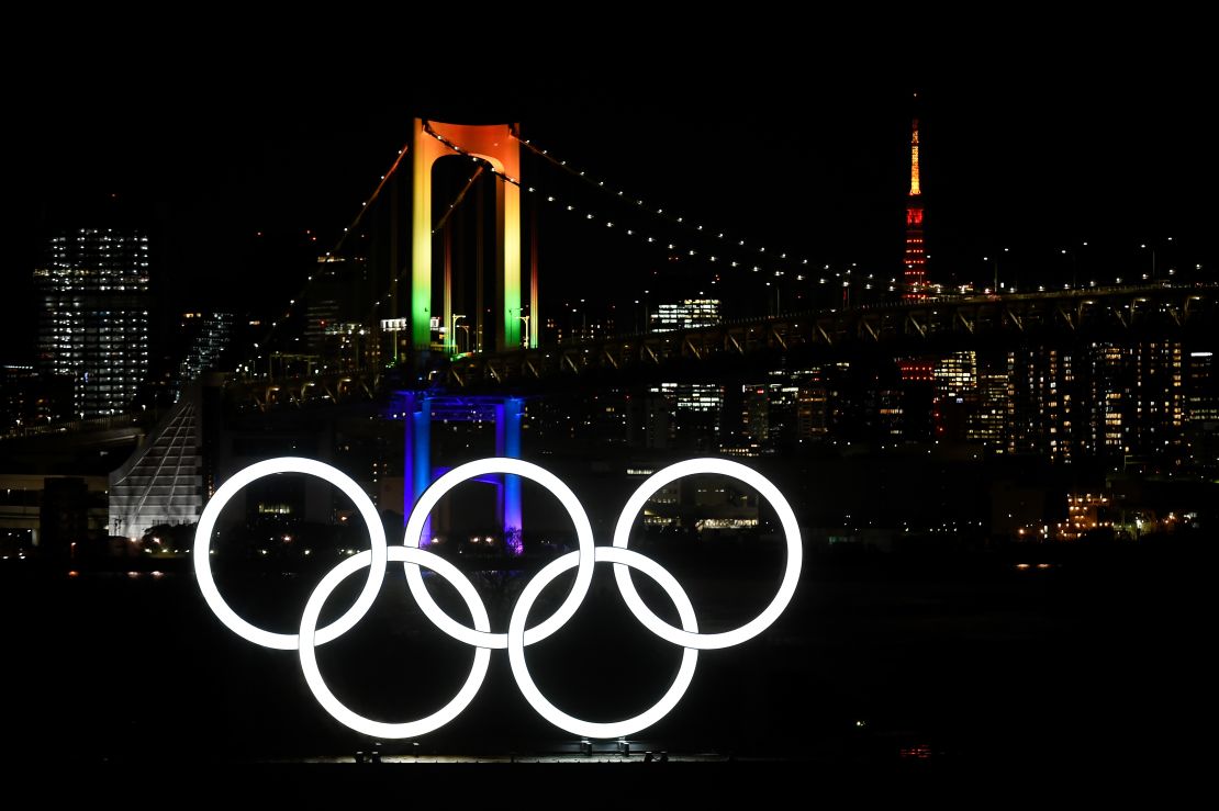 A general view of the Olympic rings as they are illuminated for the first time to mark 6 months to go to the Olympic games at Odaiba Marine Park on January 24, 2020.