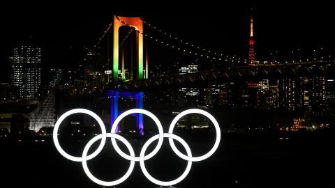 A general view of the Olympic rings as they are illuminated for the first time to mark 6 months to go to the Olympic games at Odaiba Marine Park on January 24, 2020.