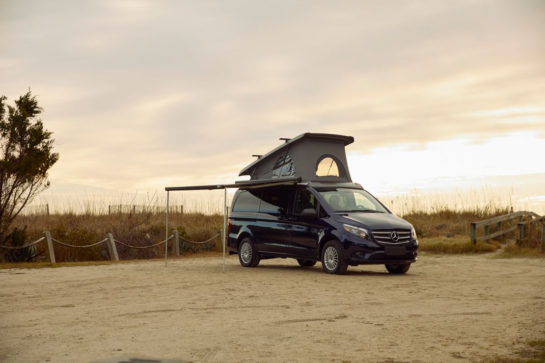 The tent-like space that rises from the roof of the Weekender can sleep two people.
