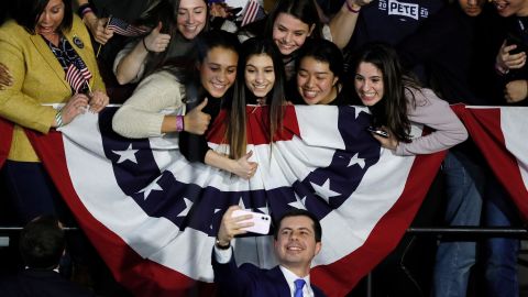 Buttigieg takes a selfie with supporters after speaking at a caucus night campaign rally, Monday, February 3, in Des Moines, Iowa. 