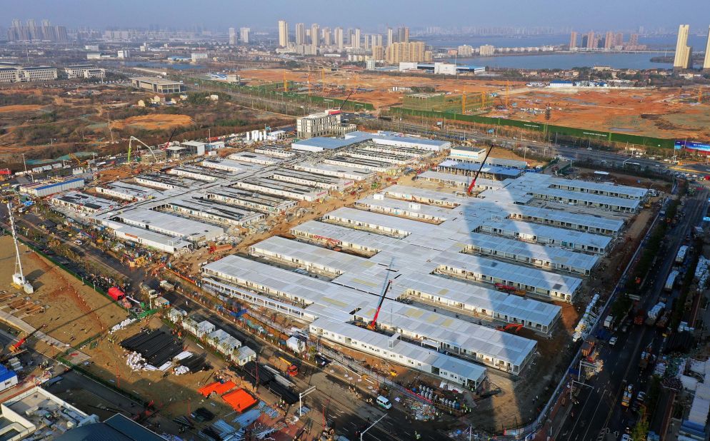 This aerial photo shows the Leishenshan Hospital that is being built in Wuhan to handle coronavirus patients.