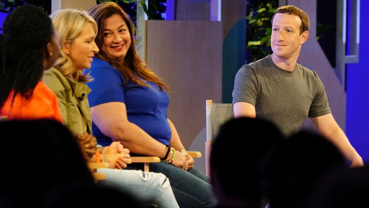 Facebook CEO Mark Zuckerberg speaks with panelists at the Facebook Communities Summit in  June 2017 in Chicago. 