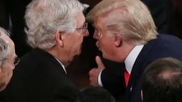 WASHINGTON, DC - FEBRUARY 04: U.S. President Donald Trump (R) greets Majority Leader Sen. Mitch McConnell (R-KY) after delivering his State of the Union address in the chamber of the U.S. House of Representatives on February 04, 2020 in Washington, DC. President Trump delivered his third State of the Union to the nation the night before the U.S. Senate is set to vote in his impeachment trial.  (Photo by Mario Tama/Getty Images)