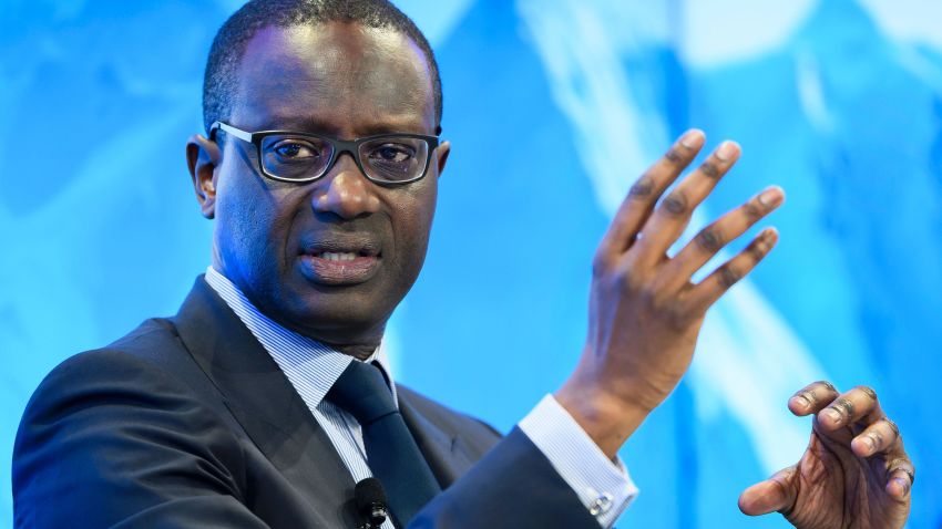 Credit Suisse's Chief Executive Officer (CEO) Tidjane Thiam gestures during a pannel "Size Matters: The Future of Big Business" on January 17, 2017 in Davos on the first day of the World Economic Forum.
The global elite begin a week of earnest debate and Alpine partying in the Swiss ski resort of Davos on January 17, 2017 in a week bookended by two presidential speeches of historic import.