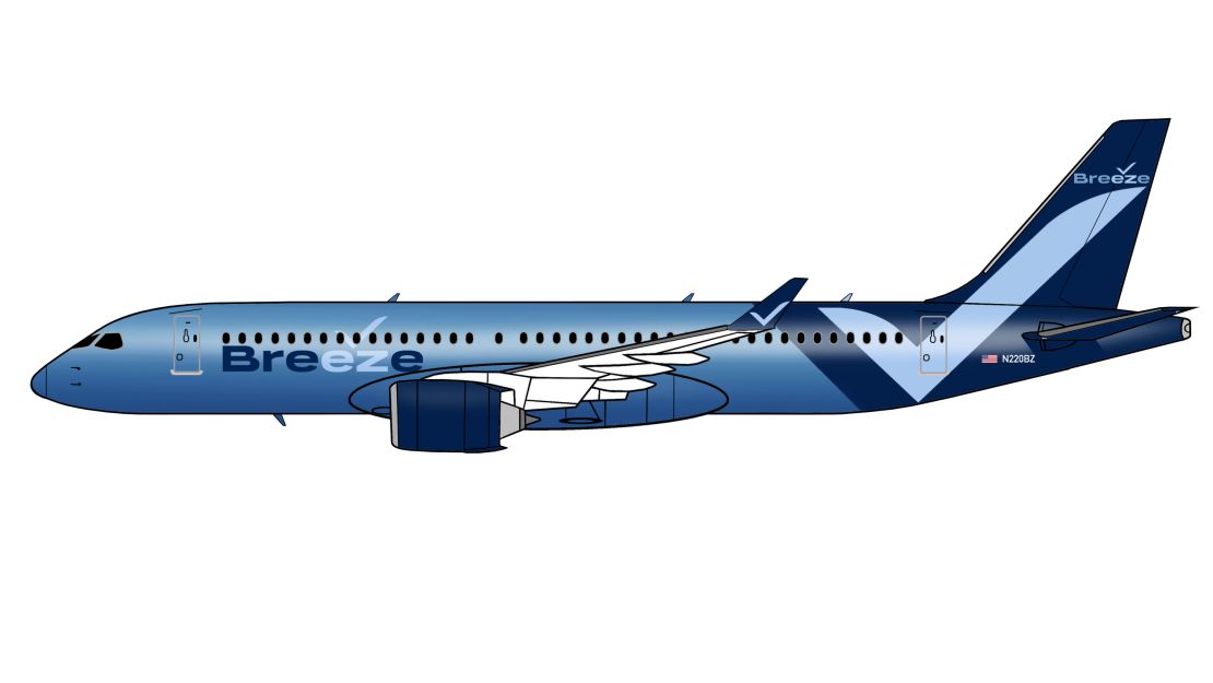 This rendering shows the Breeze A220 aircraft that will serve mid-size markets. 