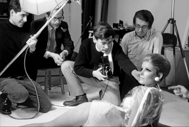 Vicki Hilbert on set for Revlon. From left: Gideon Lewin, creative director Marty Stevens, Richard Avedon. 