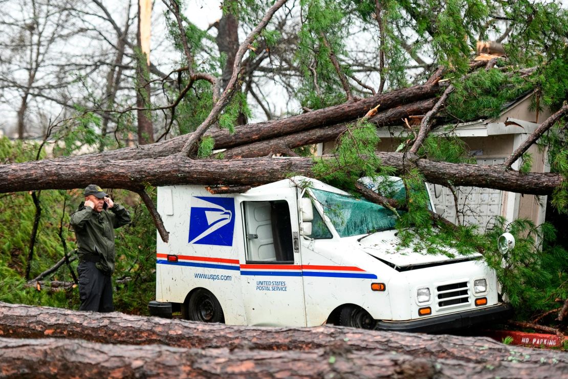 Damage near an apartment complex where a reported tornado passed through Spartanburg, South Carolina, on Thursday.