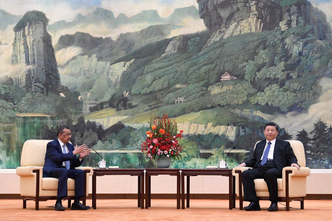 Tedros Adhanom, Director General of the World Health Organization, attends a meeting with Chinese President Xi Jinping at the Great Hall of the People, on January 28, 2020 in Beijing, China.