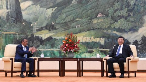 Tedros Adhanom, Director General of the World Health Organization, attends a meeting with Chinese President Xi Jinping at the Great Hall of the People, on January 28, 2020 in Beijing, China.