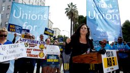 FILE - In this Aug. 28, 2019, file photo, Assemblywoman Lorena Gonzalez, D-San Diego, speaks at rally calling for passage of her measure to limit when companies can label workers as independent contractors, at the Capitol in Sacramento, Calif. Gonzalez said Thursday, Feb. 6, 2020, that she intends to ease the law's restrictions on freelance journalists and others after months of protests that it is already costing people their jobs. (AP Photo/Rich Pedroncelli, File)