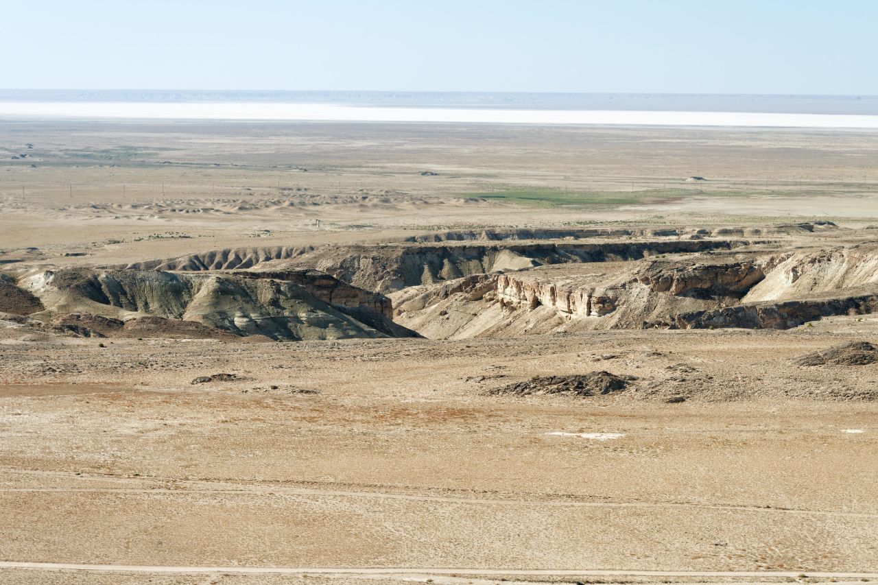<strong>Karagiye Trench:</strong> This low point was created from the collapse of limestone caverns near the Caspian Sea in Kazakhstan.