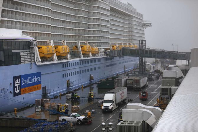 The Anthem of the Seas cruise ship is seen docked at the Cape Liberty Cruise Port in Bayonne, New Jersey, on February 7, 2020. Passengers were to be screened for coronavirus as a precaution, an official with the Centers for Disease Control and Prevention told CNN.