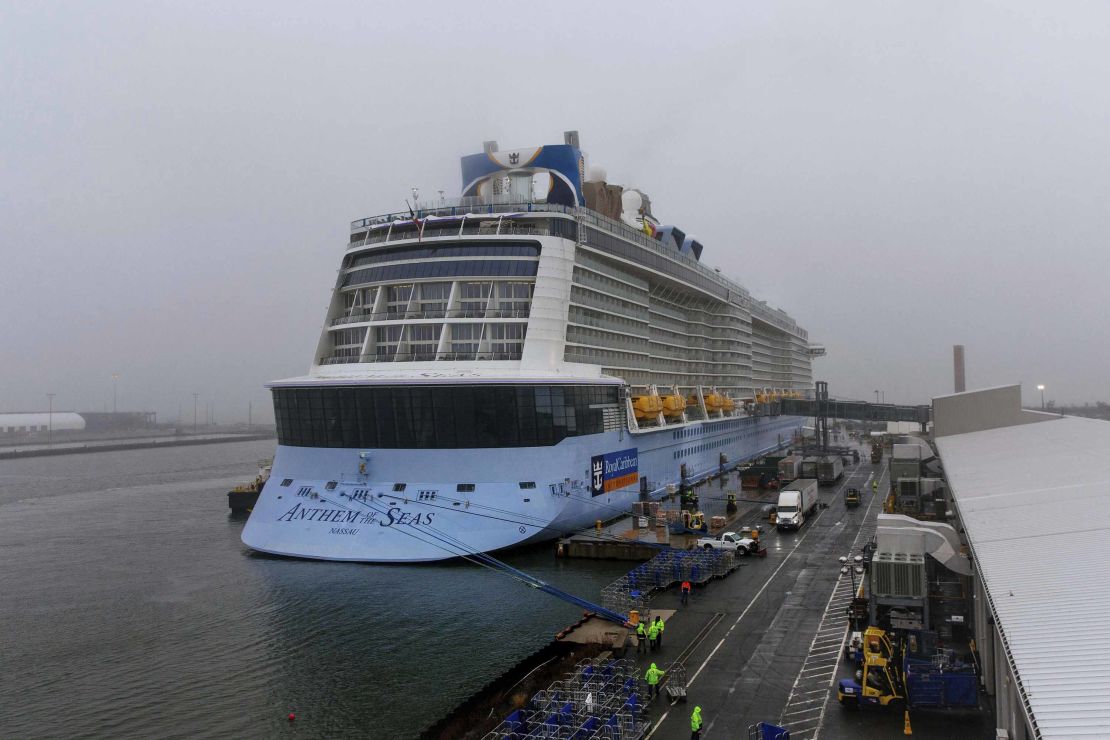 Anthem of the Seas is docked at the Cape Liberty Cruise Port in Bayonne, New Jersey.