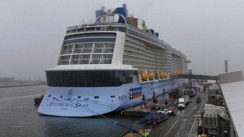 Anthem of the Seas is docked at the Cape Liberty Cruise Port in Bayonne, New Jersey.