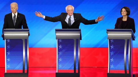 Democratic presidential candidates former Vice President Joe Biden, Sen. Bernie Sanders (I-VT) and Sen. Amy Klobuchar (D-MN) participate in the Democratic presidential primary debate in the Sullivan Arena at St. Anselm College on February 07, 2020 in Manchester, New Hampshire.