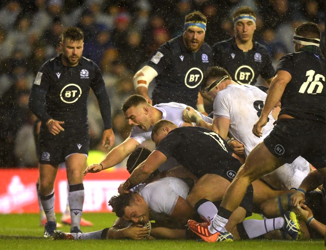 Genge touches down for his team's try against Scotland.