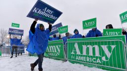Supporters of US Presidential Candidate Amy Klobuchar, Senator from Minnesota, cheer and rally outside of the Democratic Debate at St. Anselm College in Manchester, New Hampshire on February 7, 2020. - Democratic presidential candidates will spar on the debate stage as Bernie Sanders and Pete Buttigieg seek to build on their robust performances in the Iowa caucuses and Joe Biden looks to rebound from his dismal showing. (Photo by Joseph Prezioso / AFP) (Photo by JOSEPH PREZIOSO/AFP via Getty Images)