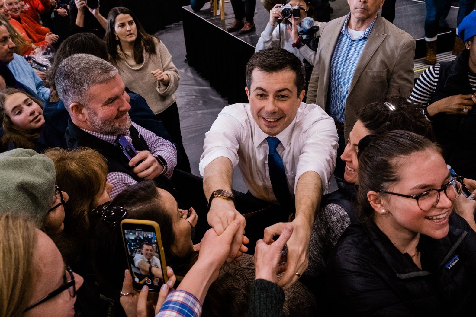 Buttigieg greets people at the rally in Lebanon on February 8.