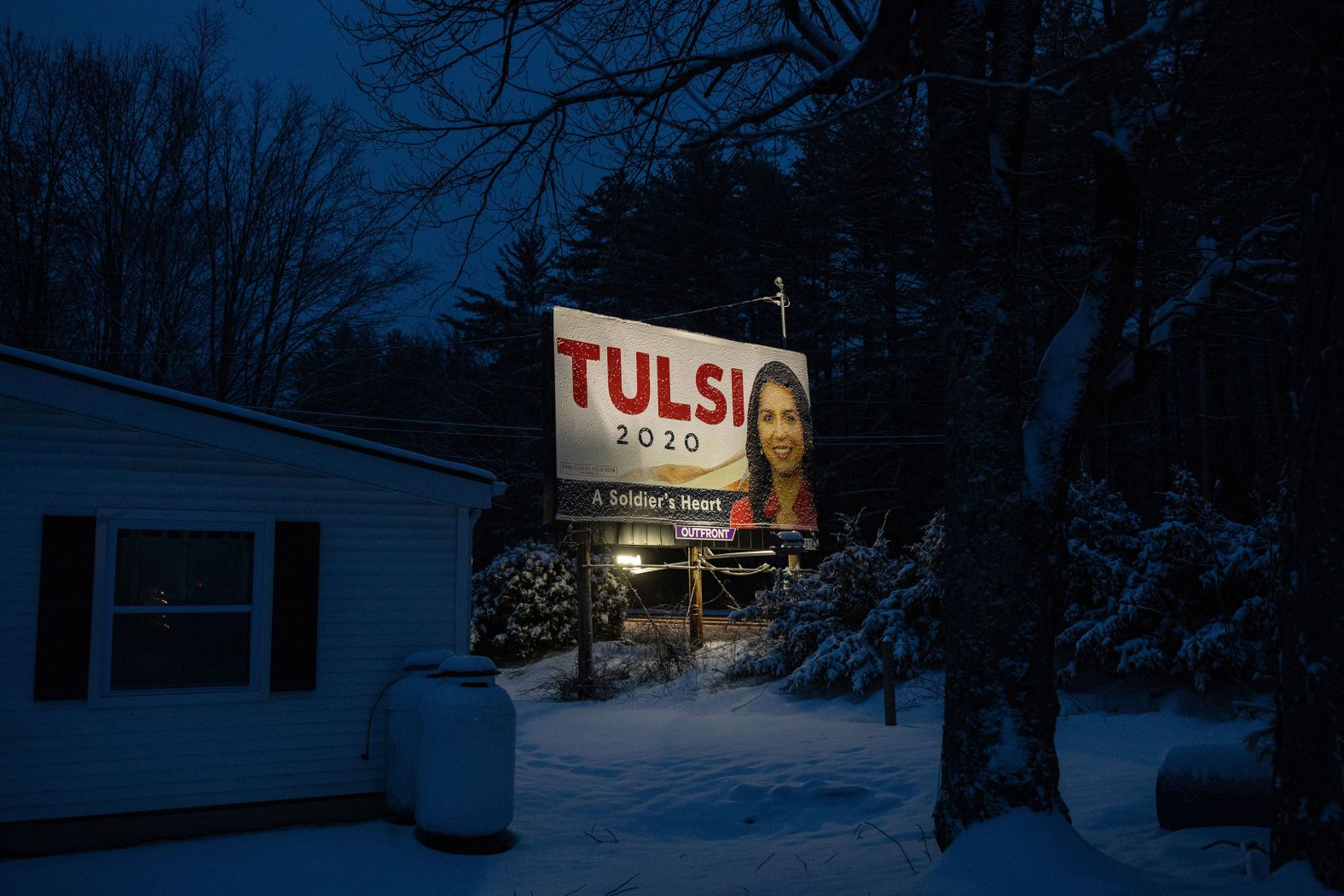 A campaign sign for US Rep. Tulsi Gabbard is displayed along a road near Rochester on Thursday, February 6.