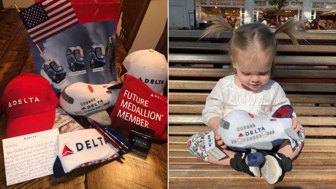Kenley's Daddy Doll returned with some Delta swag and a handwritten note about his adventures.