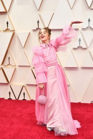 "Once Upon a Time in Hollywood" star, Julia Butters, wore a bubblegum-pink gown by Christian Siriano, consisting of a glitter ruffled button-up top with matching pants and a skirt attached to the back.