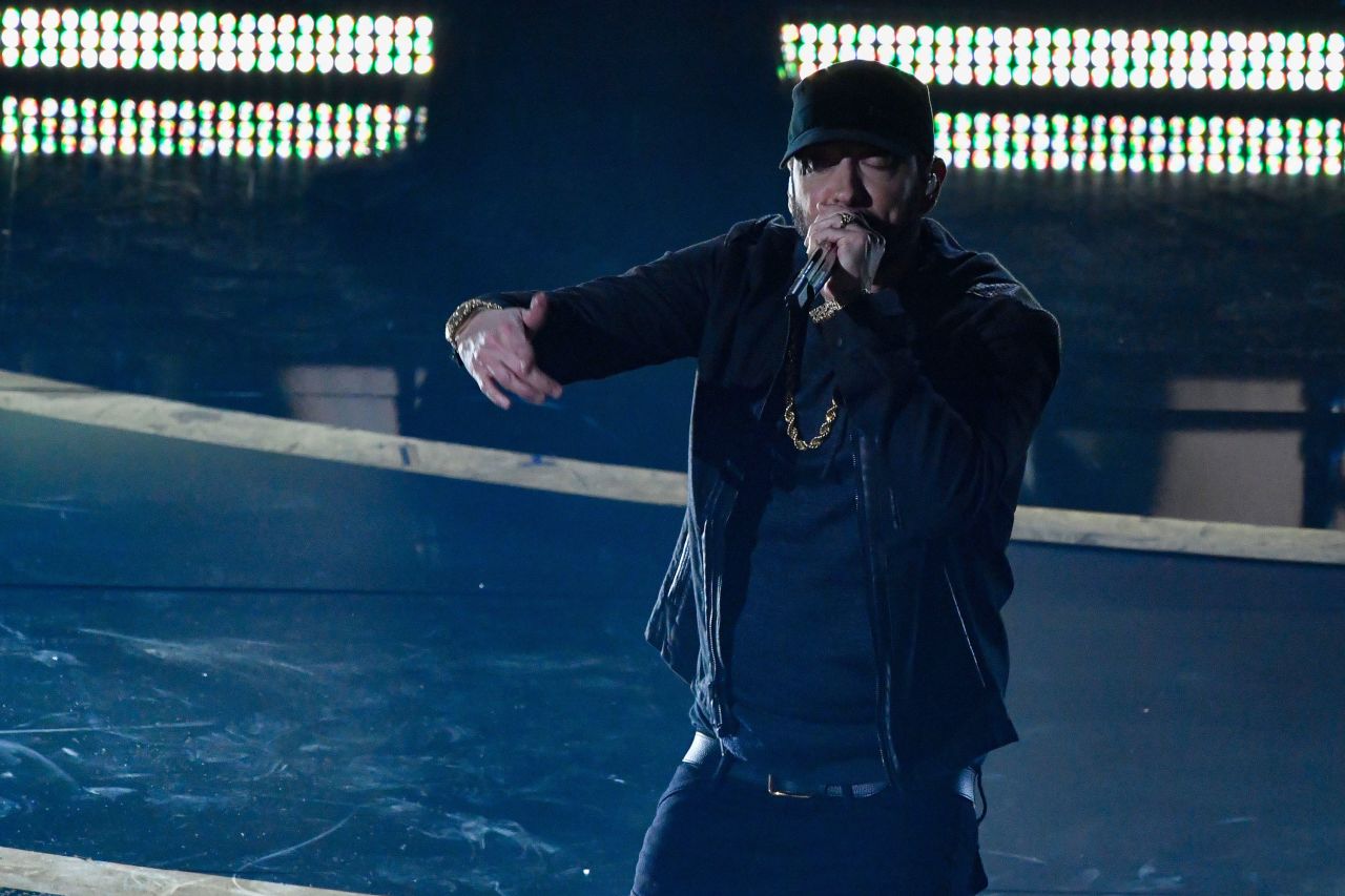 Eminem performs his classic song "Lose Yourself," from the 2002 film "8 Mile." He skipped the show back then and wasn't able to perform it live.