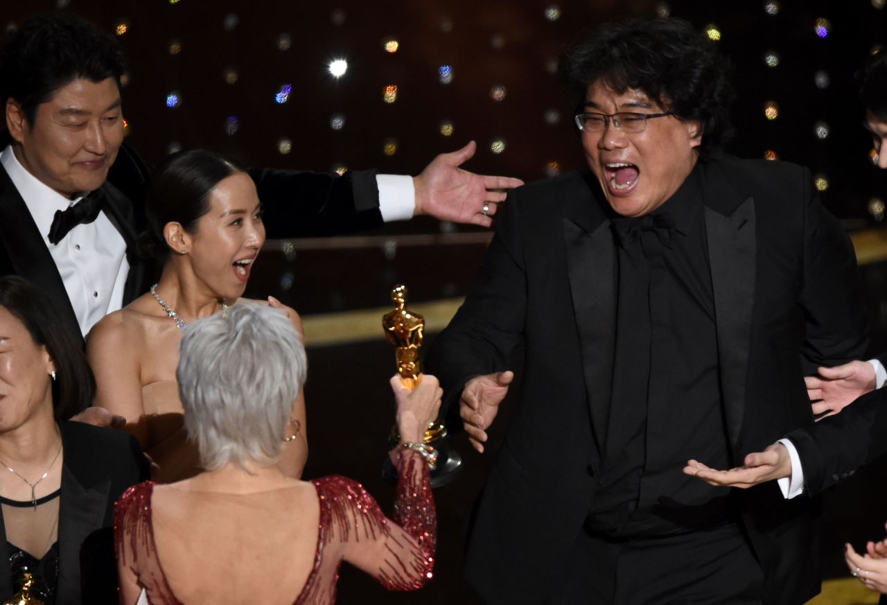 "Parasite" director Bong Joon Ho reacts as Jane Fonda hands him the Oscar for best picture. Only 11 international feature films have ever been nominated in the category.