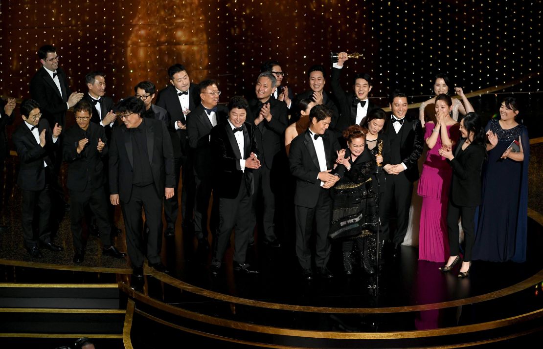 The cast and crew of "Parasite" at the Oscars on February 09, 2020 in Hollywood.