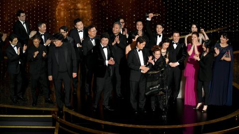 'Parasite' cast and crew, accepting the award for best picture