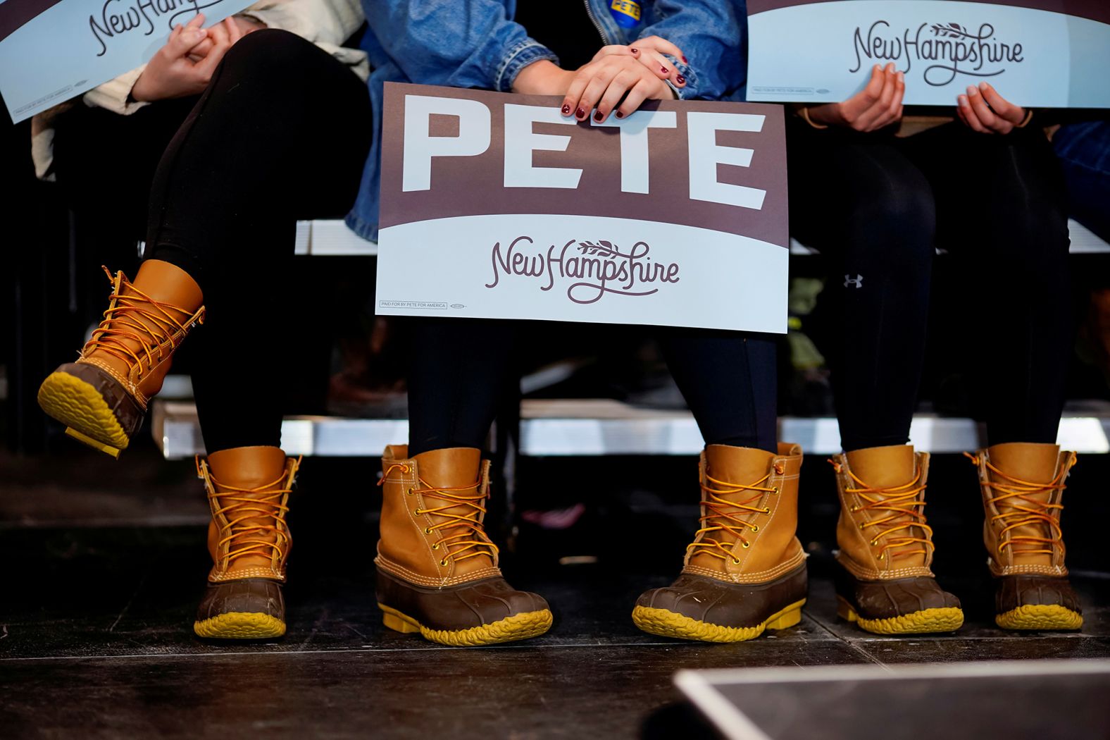 People listen as Buttigieg speaks at a campaign event in Lebanon on February 8.