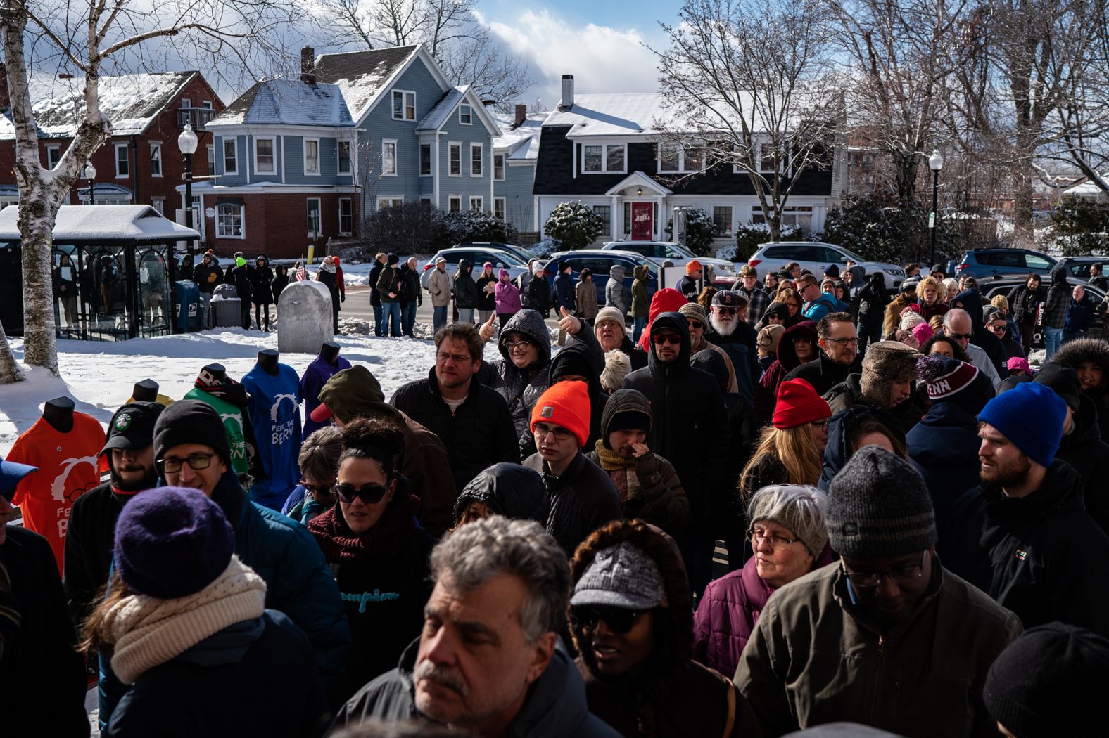 Sanders supporters wait in line for his town hall in Rochester, New Hampshire, on Saturday, February 8.
