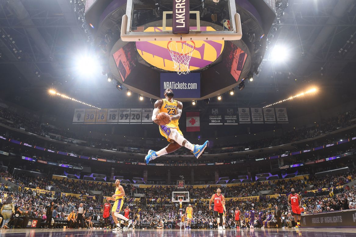 LeBron James goes in for a dunk during an NBA game against Houston on Thursday, February 6.