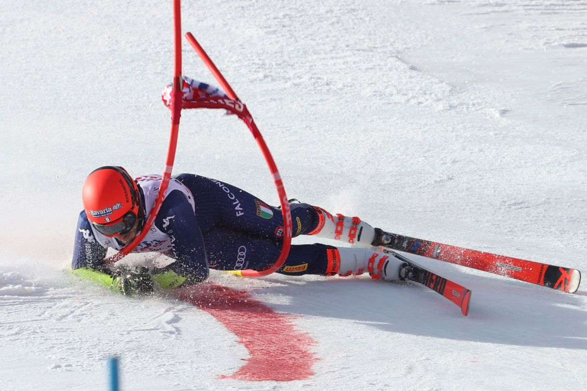 Italian skier Giovanni Borsotti falls during a parallel giant slalom race in Chamonix, France, on Sunday, February 9.